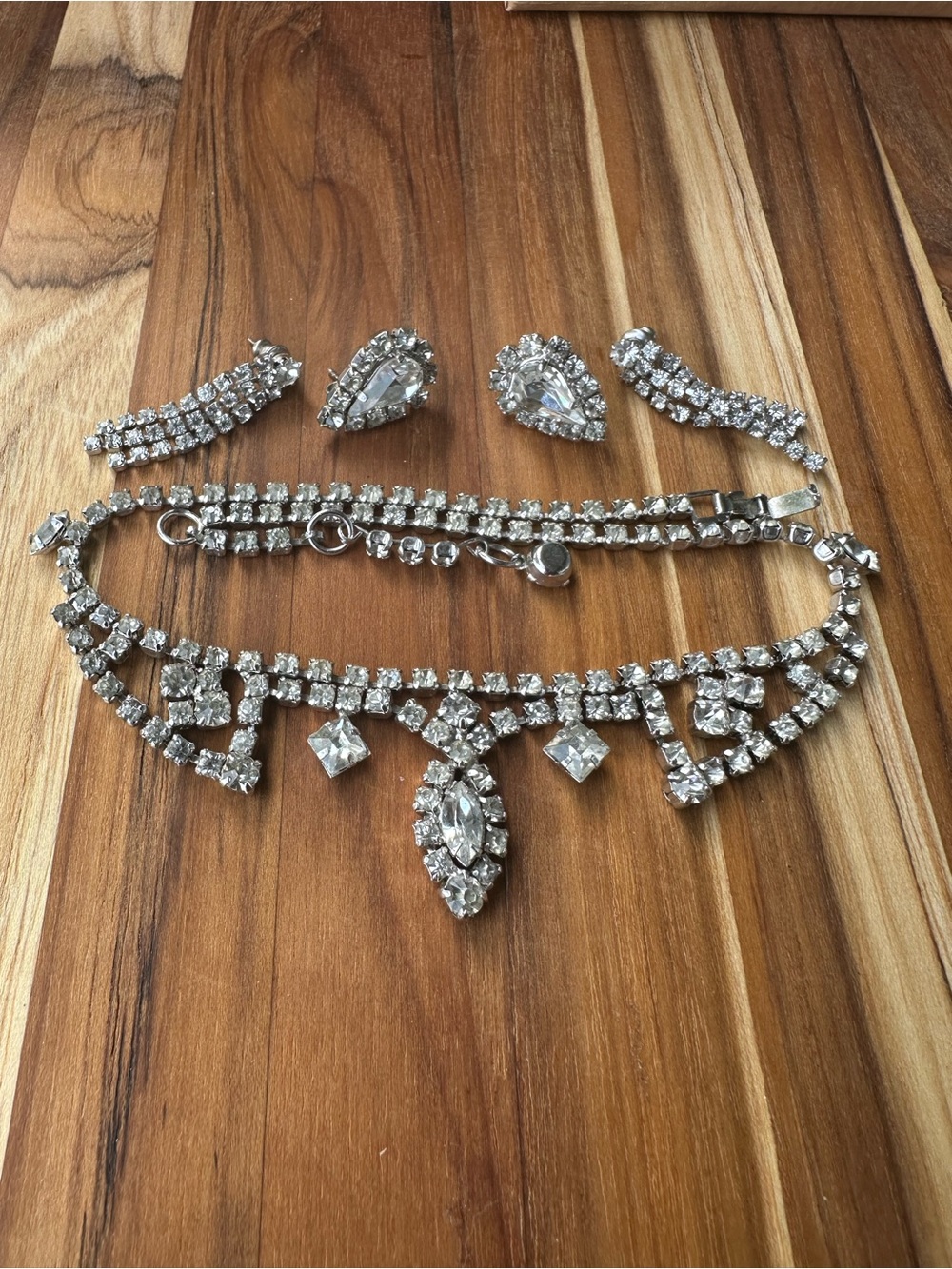 Mid-Century Vintage Silver Crystal Rhinestone Statement Necklace and Earring Set